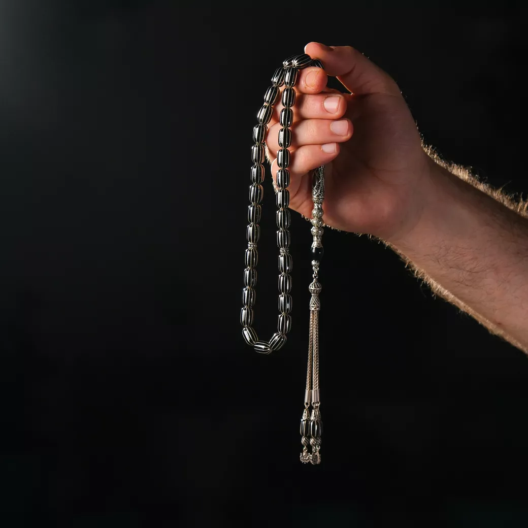 İmame Nakkaşlı Gümüş İşlemeli Kapsül Kesim Erzurum Oltu Taşı Tesbih