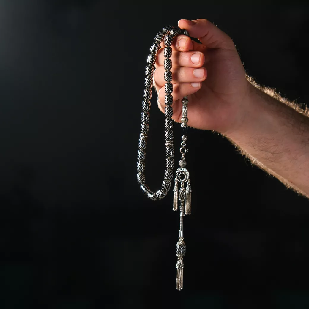 İmame Nakkaş Gümüş İşlemeli Kapsül Kesim Erzurum Oltu Taşı Tesbih