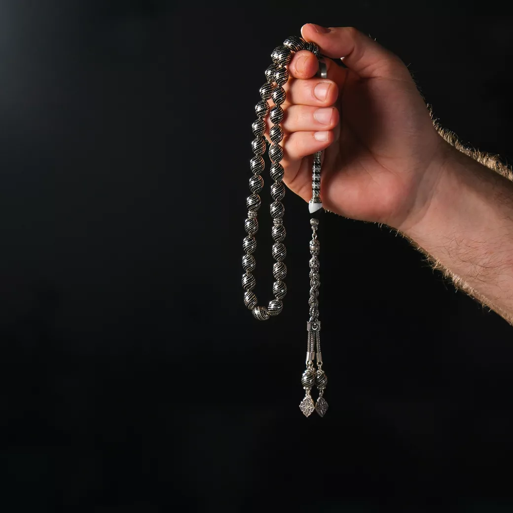 İmame Nakkaşlı Gümüş İşlemeli Kapsül Kesim Erzurum Oltu Taşı Tesbih